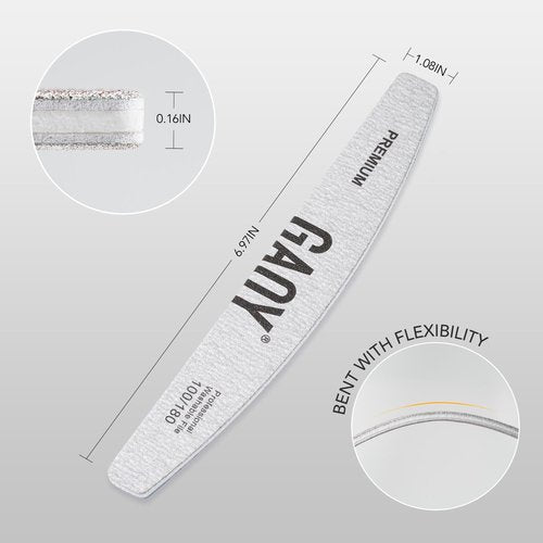 GAOY Nail File, 10Pcs Professional 100/180 Grit Half-Moon Shaped Double Sides Washable Emery Boards Manicure Tools for Acrylic and Gel Nails