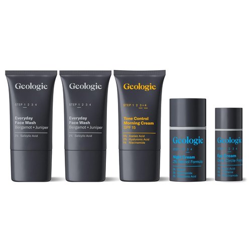 Geologie Complete Skincare Set - 1-Month Daily Routine for Clear Skin | Acne, Oily Skin, Dark Spots | Face Wash 2-Pack, Retinol Cream, SPF15 Moisturizer & Eye Cream