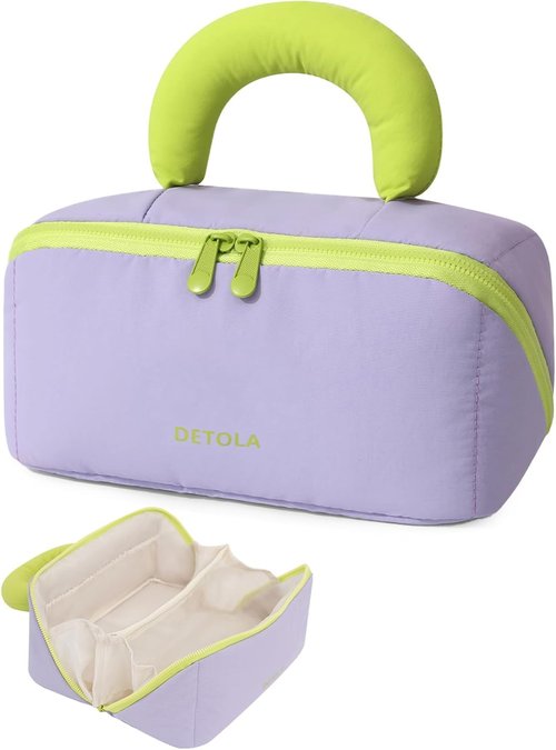 Detola Travel Makeup Bag - Waterproof Lay Flat Cosmetic Organizer with Compartments | Purple Portable Pouch