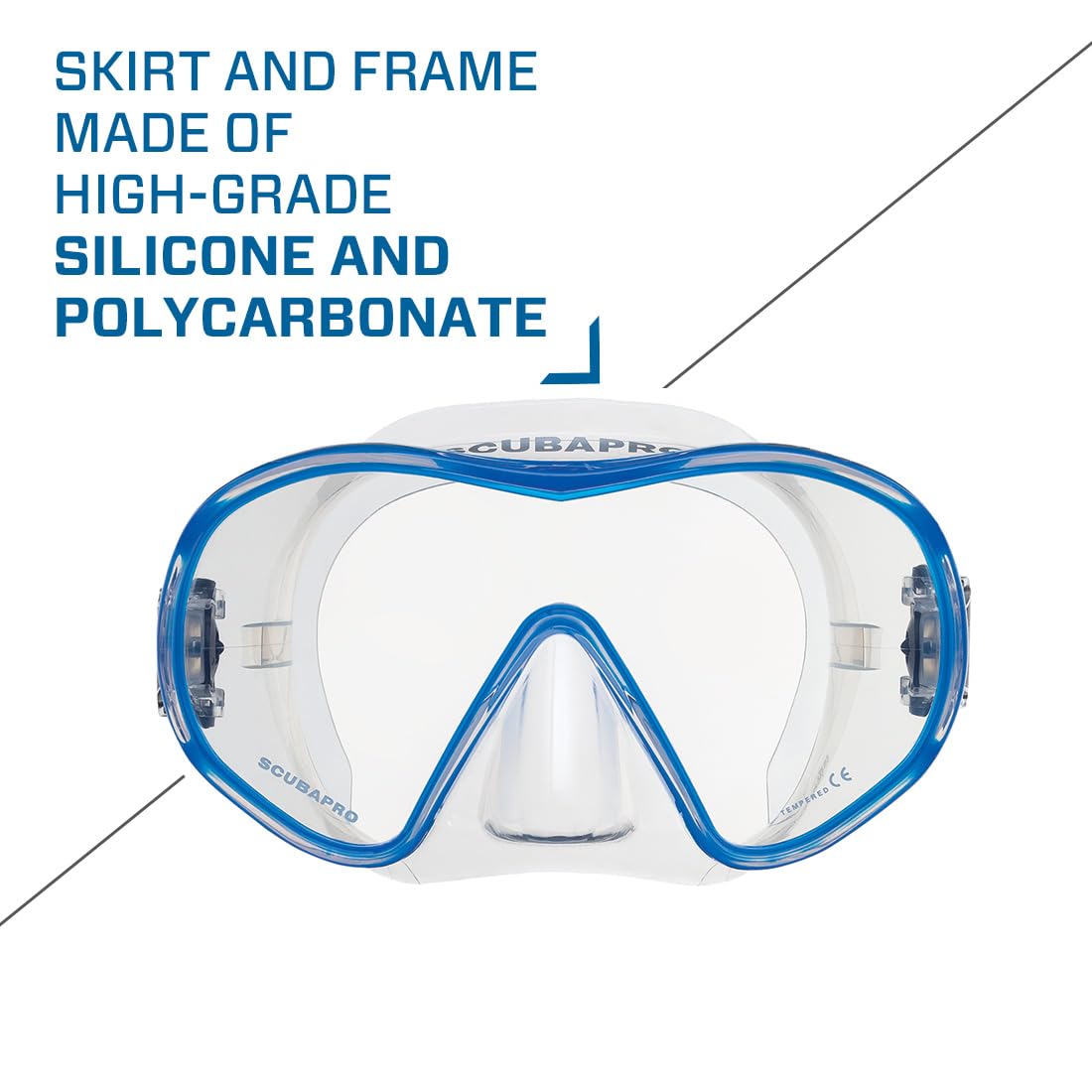 SCUBAPRO Solo Scuba Mask with Panoramic Single Lens for Recreational Diving, Clear/Blue