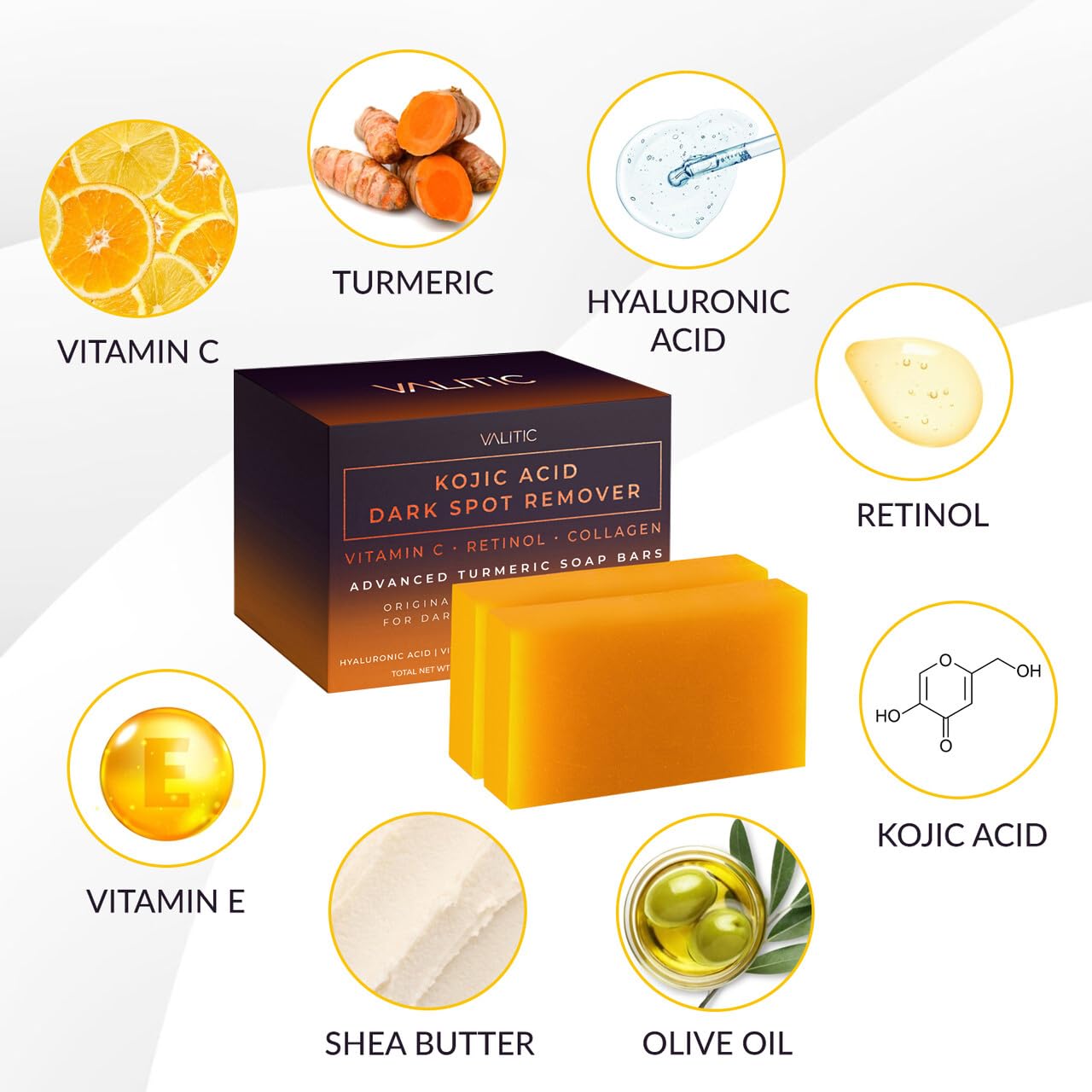 VALITIC Kojic Acid Dark Spot Remover Soap Bars - Infused with Vitamin C, Retinol & Turmeric (2 Pack)