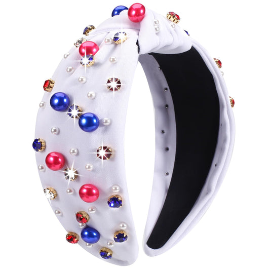 Ardorchid Fourth of July Headbands for Women Girls Red White and Blue Pearl Wide Knottted Headband American Independence Day Patriotic Headband Rhinestone Hair Accessories Non Slip Hair Hoop