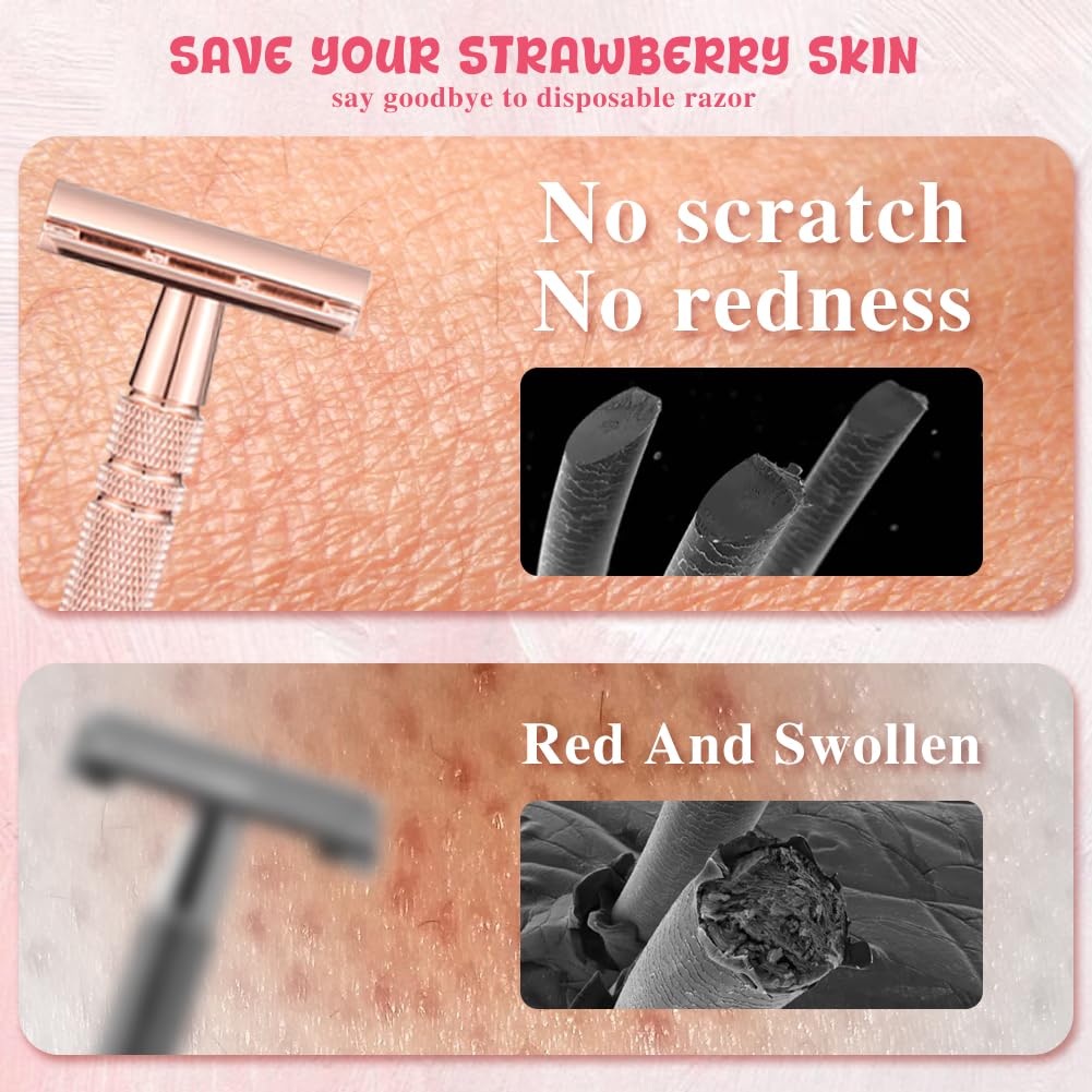 Safety Razor for Women, Double Edge Safety Razor Blades, Reusable Smooth Shave, Painless Hair Removal, Metal Shave Women for Leg Arm Underarm Bikini (Black with Stand)