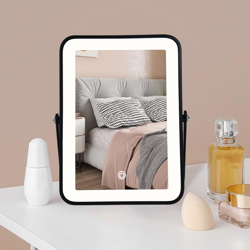 YEKKOPT Rechargeable Makeup Vanity Mirror with Lights, Small Desk Makeup Mirror with Lights, 3 Lighting Modes, Dimmable Touch Screen, Tabletop Light up Mirror