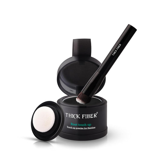 THICK FIBER Root Touch Up Powder - Water & Sweat Resistant Hair Loss Concealer Set for Women | Includes Brush (Black)