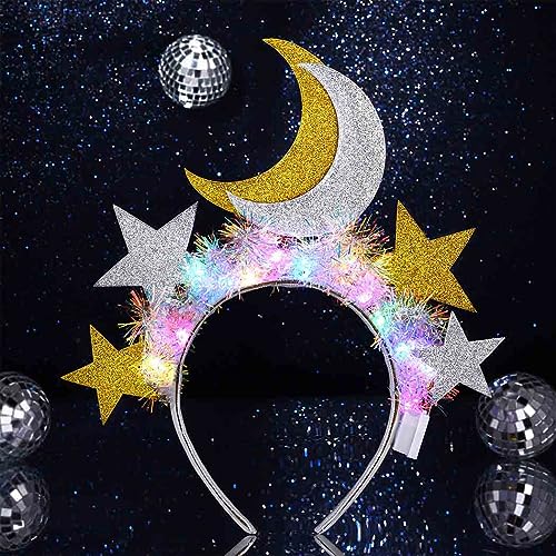 EARENT Light Up Star Headband Led Glow Moon Stars Hair Band Luminous Hair Hoop Glitter Tinsel Headpiece Rave Nightclub Costume Party Hair Accessories for Women (C-Gold+Silver)