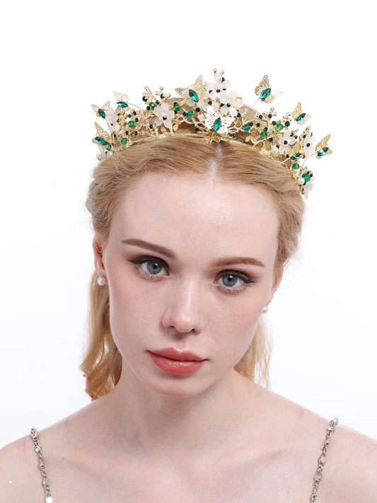 Brihasory Butterfly Queen Birthday Crowns Gold Tiaras for Bride, Crystal Royal Princess Wedding Rhinestone Headband, Costmue Party Christmas Halloween Black Prom Headpiece for Women and Girls (Green)