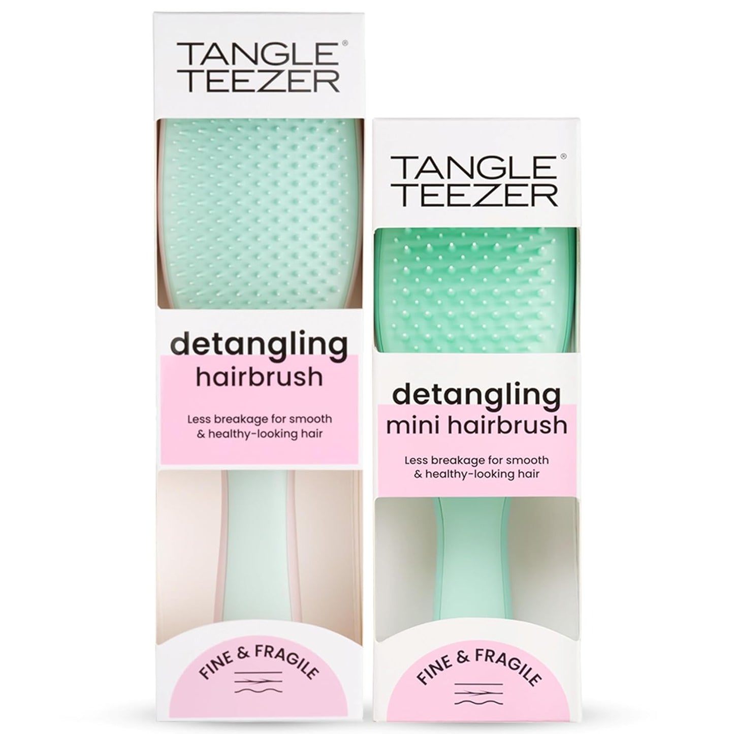 Tangle Teezer Fine & Fragile Detangler Hairbrush Duo, Eliminates Knots & Reduces Breakage, Regular & Travel-Size, Pink & Mint
