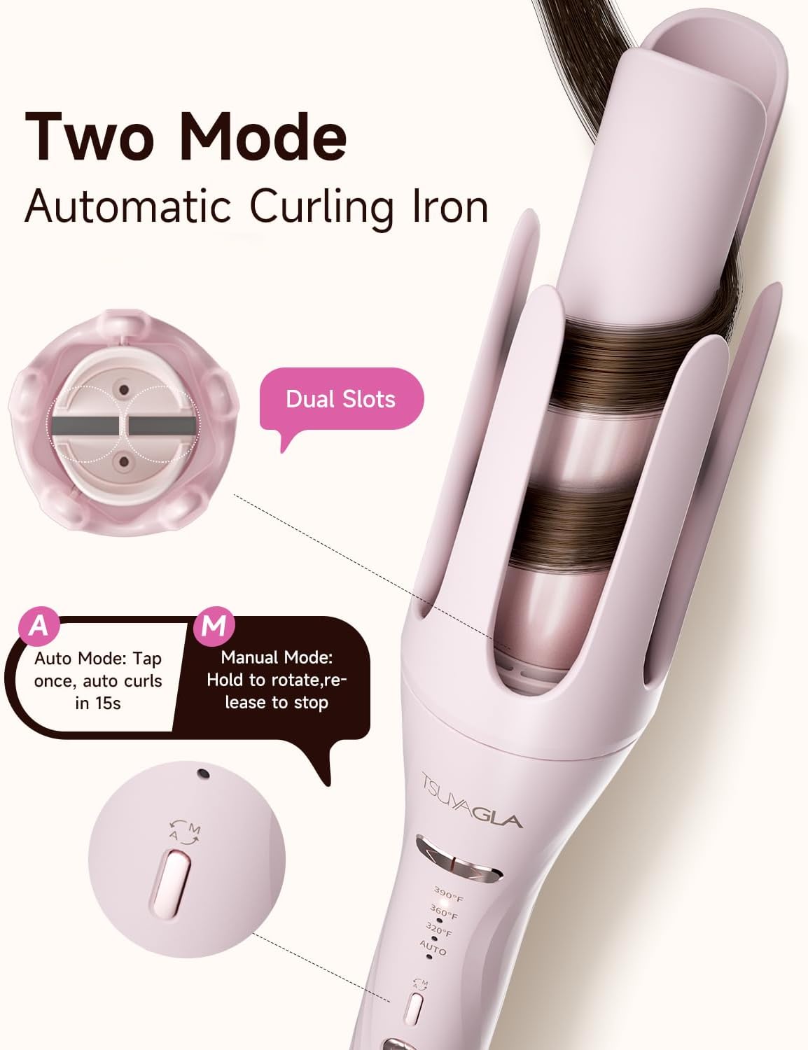 Skiennix 5-in-1 Auto Curling Iron Set - Interchangeable Barrels, Rotating Ceramic Curler, Pink