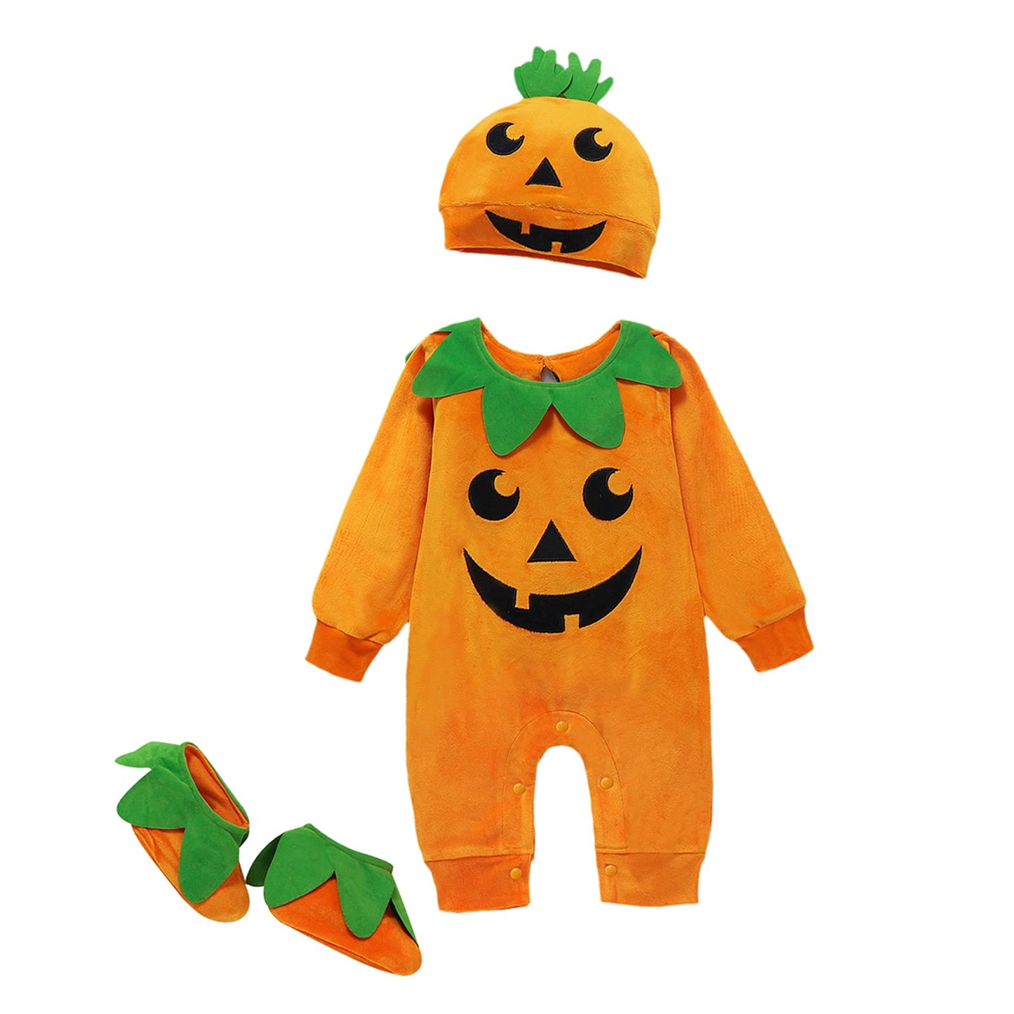 Toddler Baby Girls Boys Halloween Long Sleeve Pumpkin Face Pattern Romper+ Cap +Slipper Socks 3Pcs Outfits (Orange, 18-24 Months)