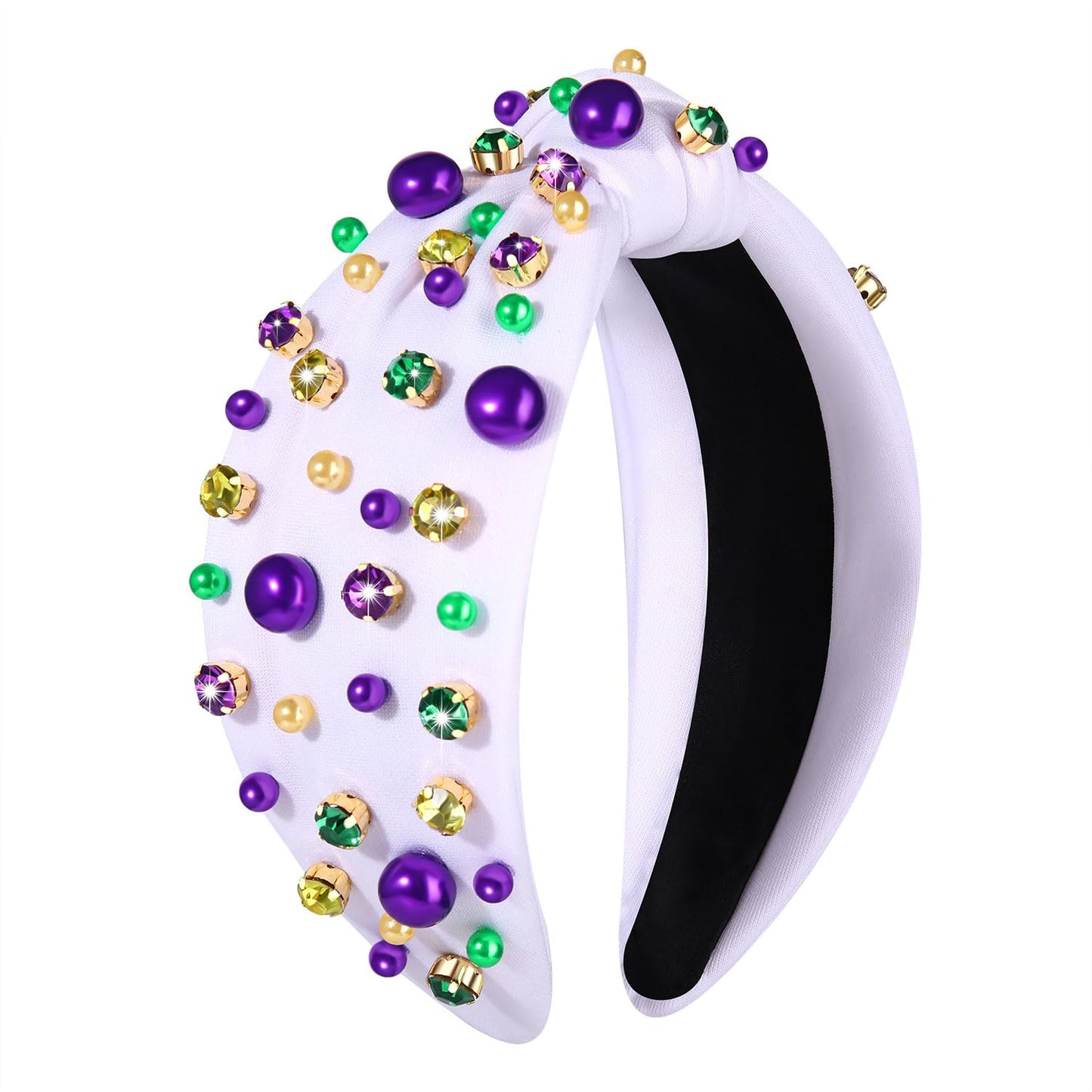 Women's Pearl Rhinestone Beads Jeweled Hairband - Wide Knotted Fashion Accessory for Mardi Gras Carnival Parade Party (white knot hairband B)