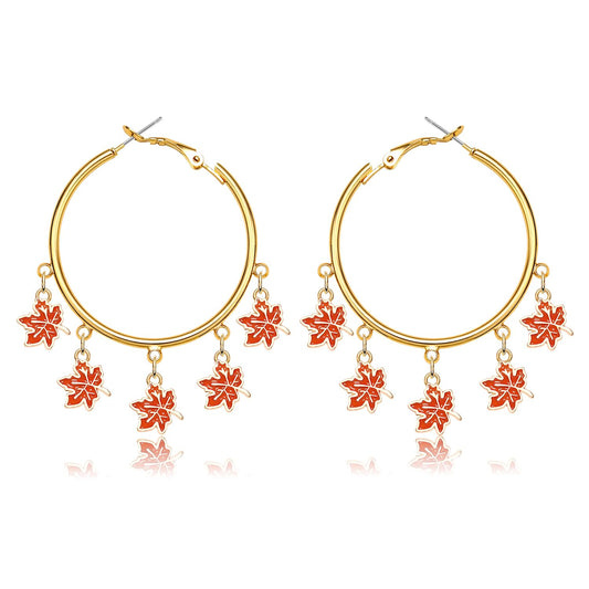 Thanksgiving Earrings for Women Cute Turkey Pumpkin Earrings Fall Maple Leaf Squirrel Corn Earrings Statement Festive Hoop Earrings Turkey Day Accessory Jewelry Gifts (Maple Leaf)