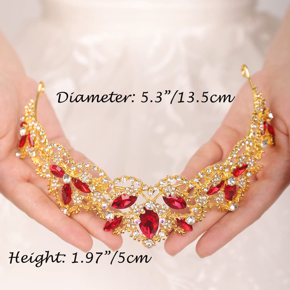 JWICOS Gold Tiara and Crown for Women Red Gem Crown Rhinestone Queen Headband for Wedding Crystal Wedding Hair Accessories for Bachelor Party Pageant Prom Halloween Costume