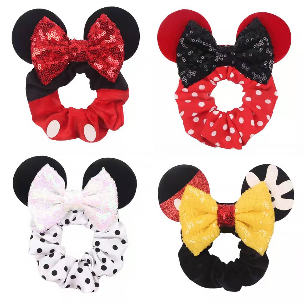 JIAHANG Velvet Mouse Ear Hair Scrunchies Dot Costume Sequins Bow Ponytail Holder Elastic Hair Tie 4 Pack for Girls Women(COLOR E)