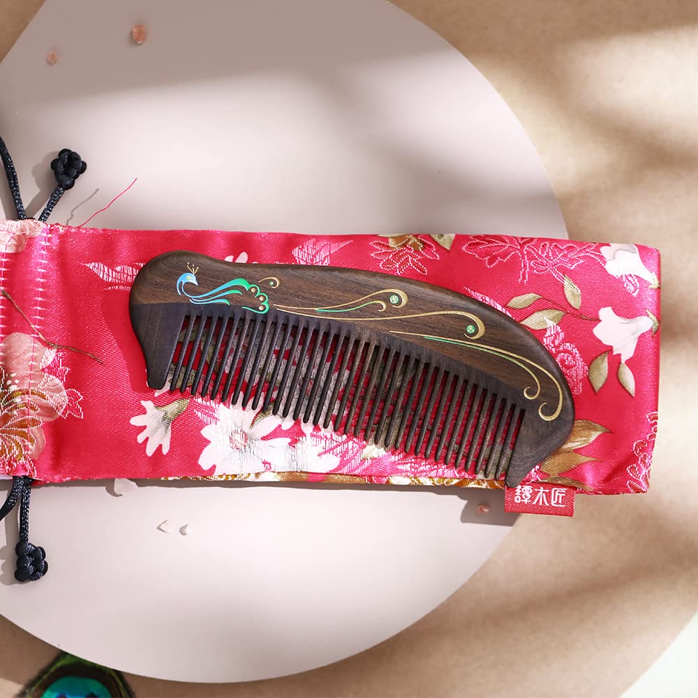 TAN MUJIANG Anti-Static Hair Comb - 5.12" Fine Tooth Detangling Comb - Handmade Natural Wooden Design for Women
