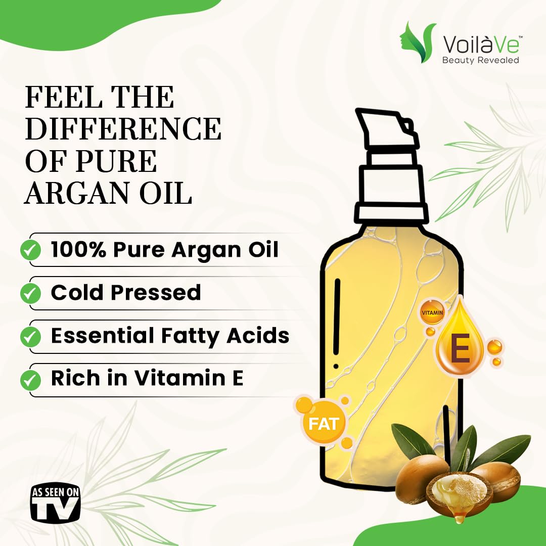 VoilaVe Organic Moroccan Argan Oil - Anti-Aging Face Moisturizer & Hair Growth | 4 fl oz, Cold Pressed, Rich in Vitamin E
