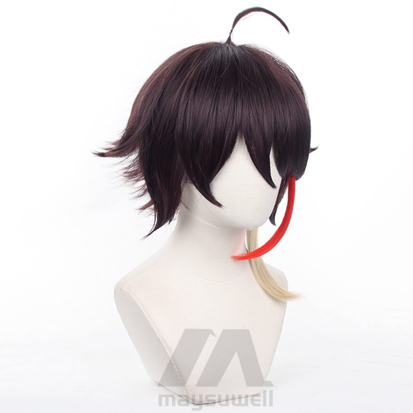 Vtuber Saegusa Akina Cosplay Wig with Brown and Red Short Curly Hair Synthetic Fabric for Men with Free Wig Cap for Comic Con, Anime Cosplay Show, Halloween