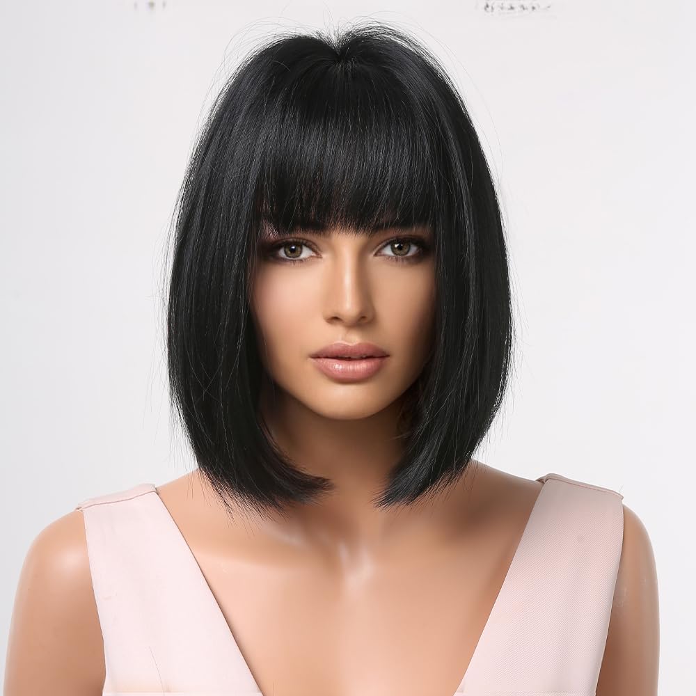 BERON Black Wig for Women Black Bob Wig Short Straight Black Wig with Bangs Synthetic Heat Resistant Wig Cap Included