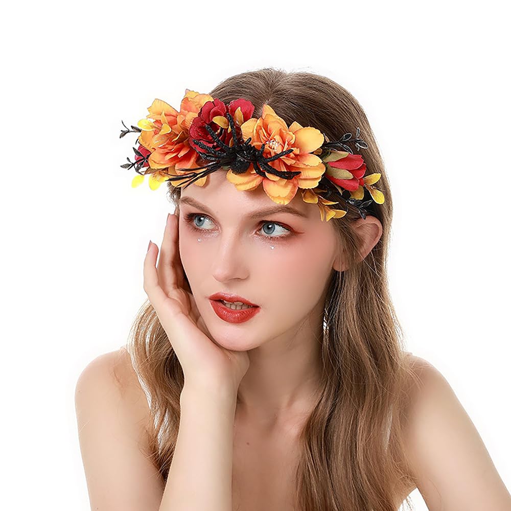 Bubbmi Mexican Orange Flower Crown Headband with Spider, Day of the Dead Headpiece, Halloween Festival Headwear, Dia De Los Muertos Hairhoop (Mexican H)