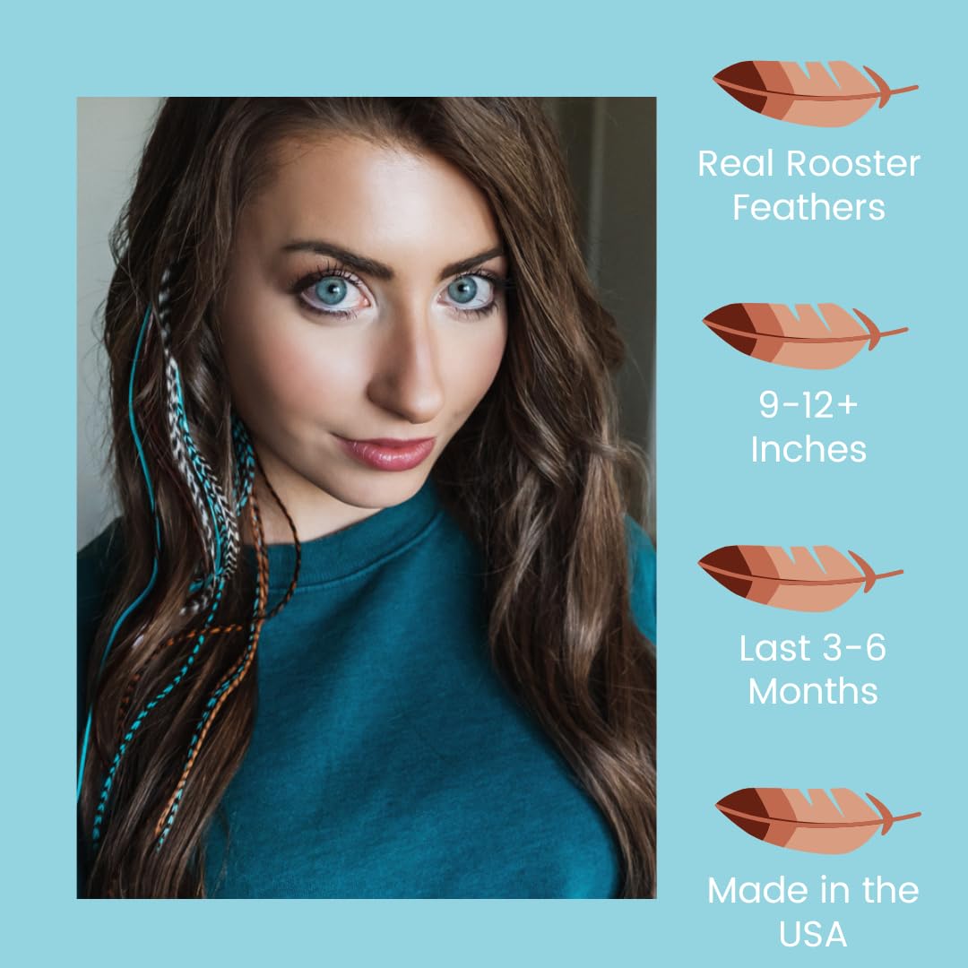 Feather Hair Extensions Kit, Contains Real Rooster Feathers, Loop Tool, Microlink Beads, and Small Pliers- Long Natural Colors with Turquoise Accessories