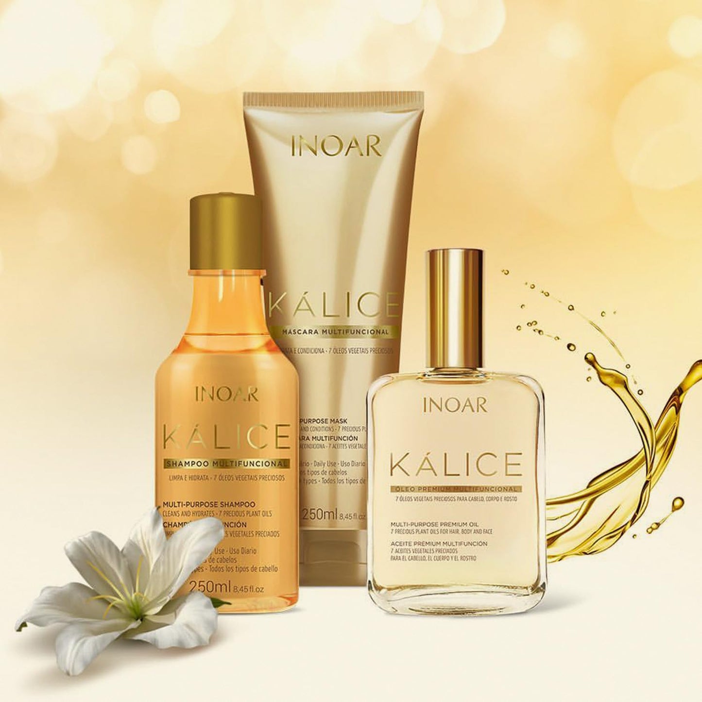 INOAR – Kalice Multifunctional Oil, 7 Essential Oils, Oil for Hair, Face, Body, Vitamin E, Argan Oil, Moisturizing, Nourishing, Vegan Hair Product, Cruelty Free Haircare for Men and Women (3.38 oz.)