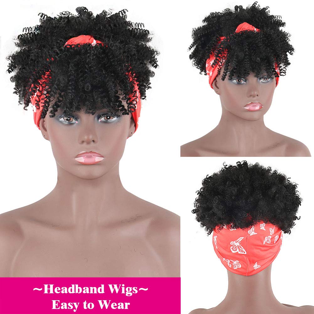 LEOSA Head-Wrap Wigs 2 in 1 Head Ponytail Wrap Short Silver Turban Wrap-Wig Updo Kinky Curly Afro Puff with Bangs Drawstring Ponytail Extension for Black Women