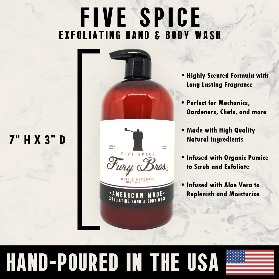 FURY BROS. Black Series Hand & Body Wash | Five Spice | Natural Ingredients | Exfoliating Volcanic Pumice | Moisturizing Aloe Vera | Made in USA | Cruelty-Free | Microbead Free | 16 oz