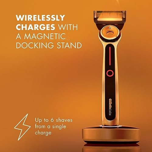Gillette Heated Razor for Men - Deluxe Travel Shave Kit with Handle, 2 Blade Refills & Charging Dock