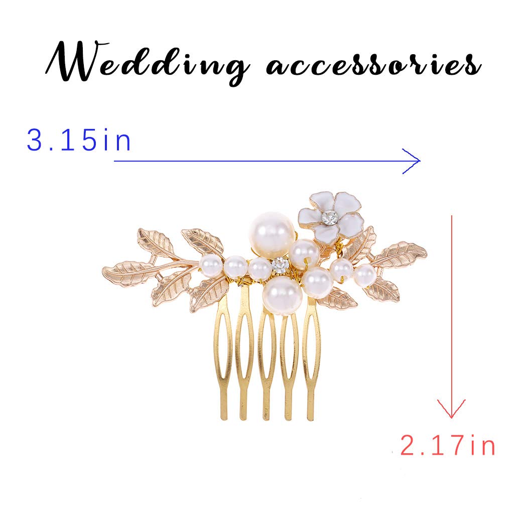 Yokawe Bridal Wedding Hair Comb Gold Pearl Flower Hair Clip Vintage leaf Rhinestone Bride Hair Accessories for Women (Gold)