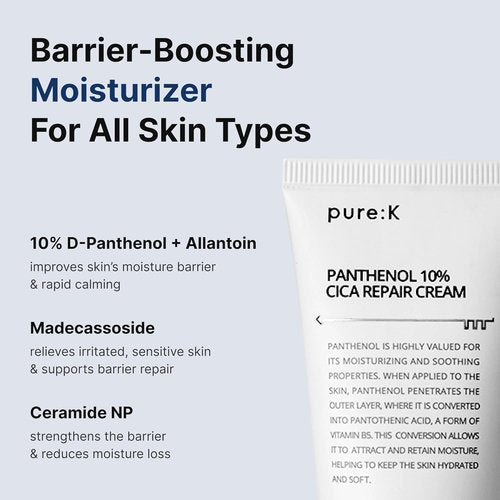 PURE K Panthenol 10% CICA Repair Cream - Soothing Moisturizer for Sensitive Skin | 2.7 Fl Oz (80ml)
