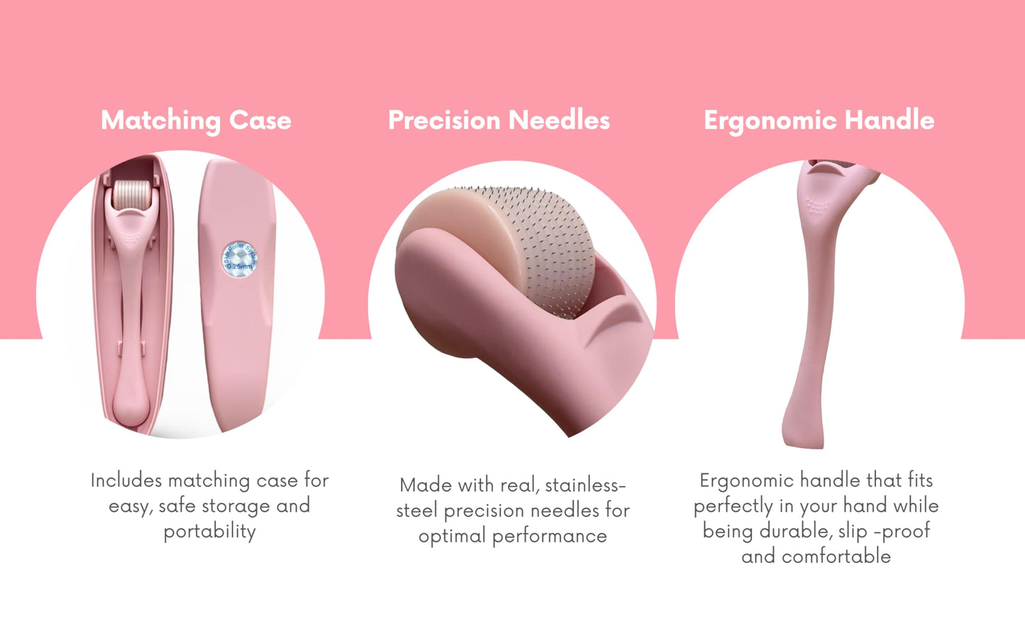Derma Roller Microneedling Roller, 0.25mm Stainless Steel, Roller for Face, Beard, Hair, Body, Microneedle Derm Stamp with Storage Case | For Women and Men | (Matte Baby Pink)