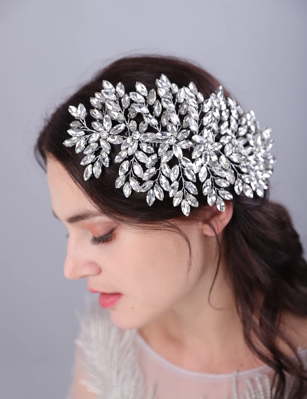 Teyglen Large Full Rhinestones Flower Bride Wedding Hair Comb Headband Luxurious Hair Accessories Dainty Silver Crystals Bridal Side Hair Combs for Women Bride Girls (Silver)