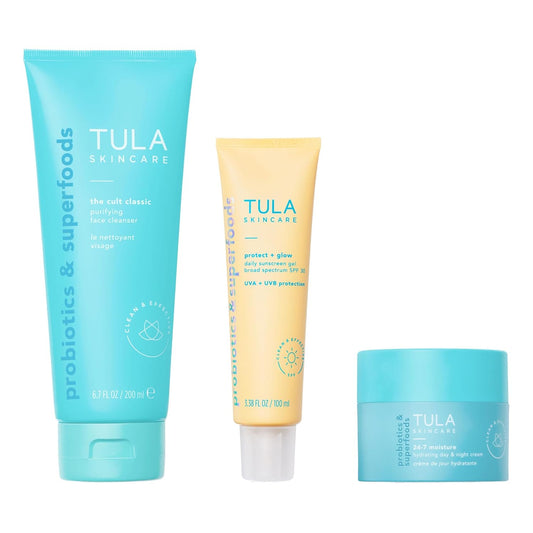 TULA Skin Care Everyday Glow Essentials Set - 3-Piece Kit with Cult Classic, SPF 30 & Hydrating Cream