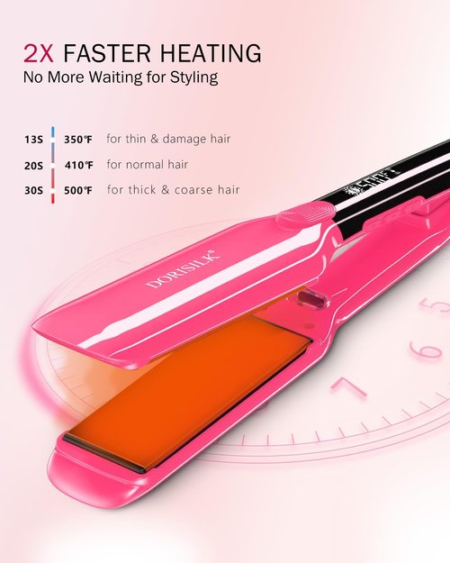 DORISILK 2-in-1 Hair Straightener & Curler - 1.75 Inch Ceramic Flat Iron for Frizz-Free Shine | Hot Pink