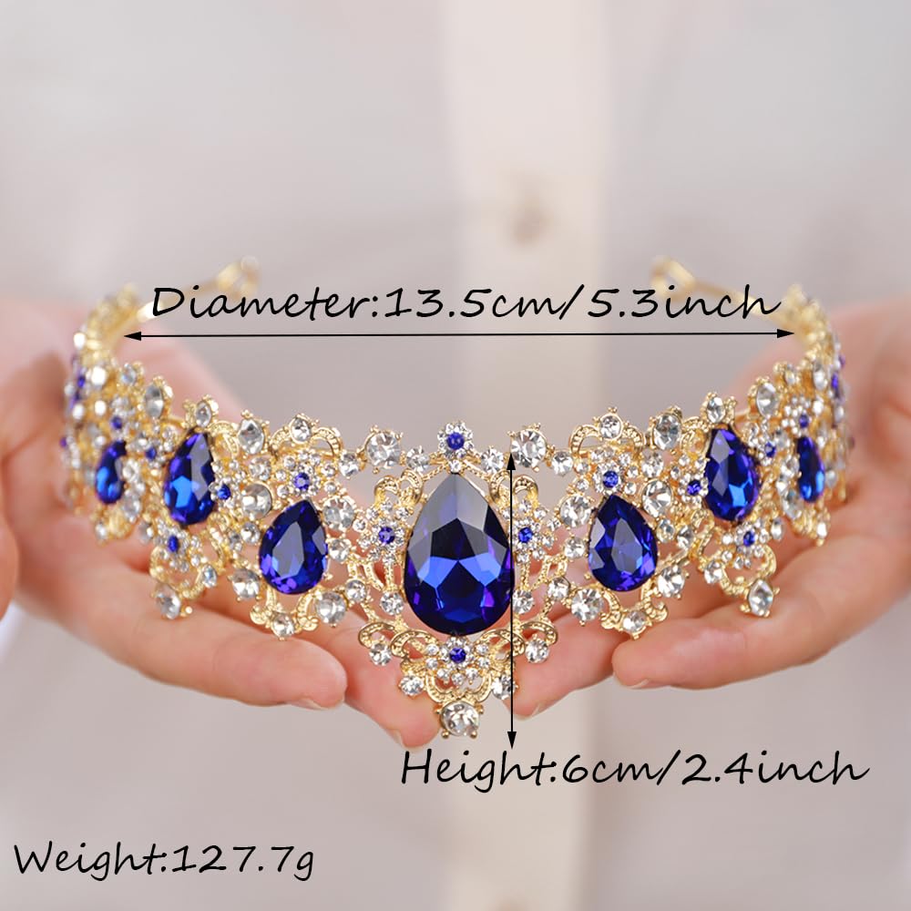 BERYUAN Bridal Baroque Blue Crystal Gold Headpiece Gold Princess Wedding Headband Royal Crystal Rhinestone Hair Costume for Women and Girls (gold)