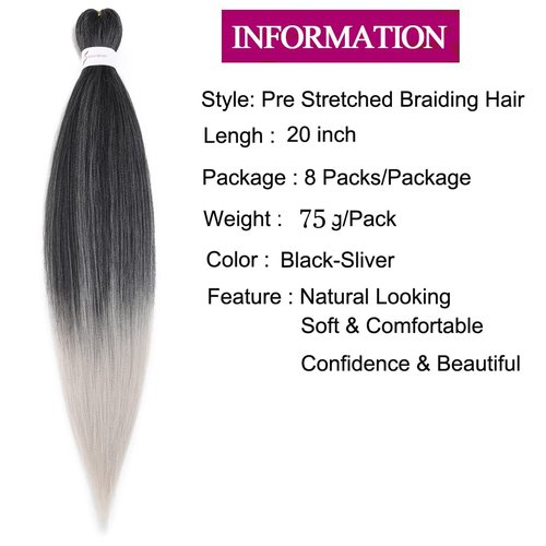 Pre Stretched Braiding Hair Extensions 20 Inch 8 Packs Professional Synthetic Braid Hair for women Crochet Braids Soft Yaki Texture Hot Water Setting(20",mixed black & sliver)
