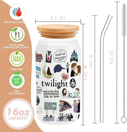 LONGXIN Twilight Vampire Lover Iced Coffee Cup - 16 oz Glass with Lid & Straw | Perfect Gift for Movie Fans