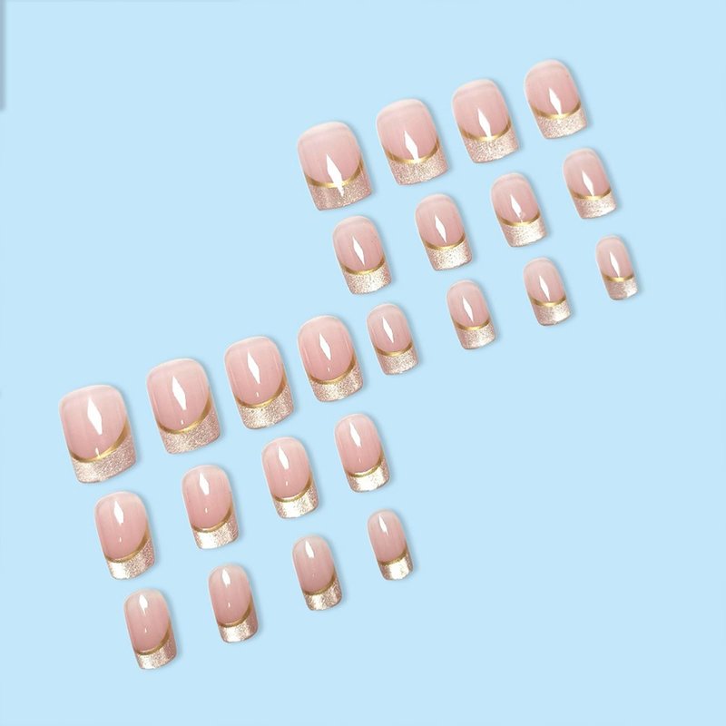 Short Press on Nails Cute Square French Tip Fake Nails with Glitter French Designs Nude Glossy Acrylic Nails Gold Stripes False Nails Reusable Artificial Glue on Nail for Women Girls 24Pcs
