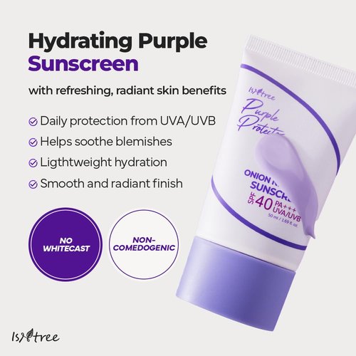 ISNTREE Onion Newpair Sunscreen - Hydrating SPF 40 Sun Protector | 50ml | Evens Skin Tone | Purple Formula