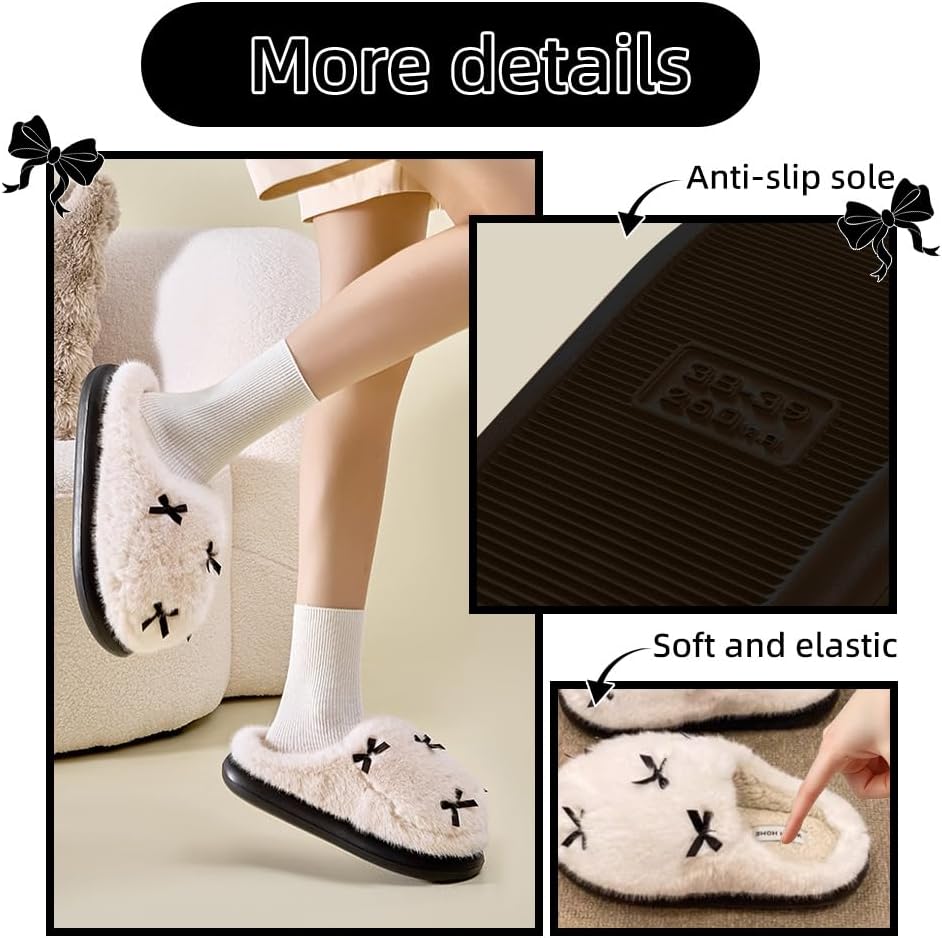 Skiennix Bow Slippers - Cozy Fuzzy Memory Foam House Shoes for Men & Women | Plush Indoor/Outdoor Winter Footwear