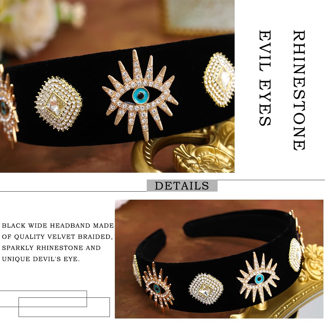 Sinalty Black Baroque Wide Headbands Evil Eyes Hairbands Jeweled Rhinestones Hair Band Prom Headpieces for Women (Unique)