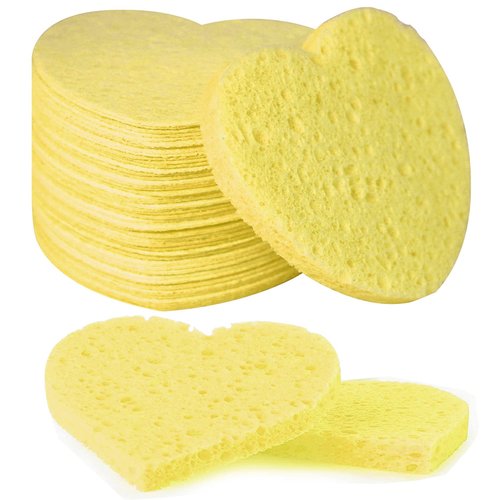 100-Count Compressed Facial Sponges for Estheticians Heart Shape Natural Cellulose Sponge Professional Cosmetic Spa Sponges for Face Cleansing, Massage, Pore Exfoliating, Mask, Makeup Removal, Yellow