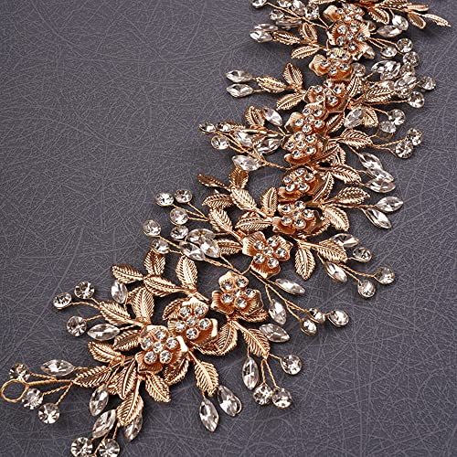 Teyglen Flower Leaf Crystal Handmade Hair Vine Large Rhinestones Headpiece Wedding Hair Accessories for Brides and Women (Gold)