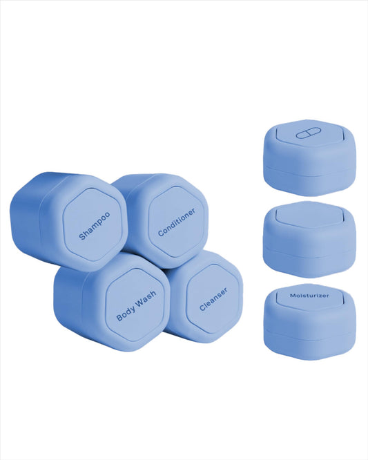 Cadence Travel Containers - Daily Routine Capsule Set - Magnetic Travel Capsules - For Shampoo, Conditioner, Body Wash, Pills, and More - 4 Flex Mediums (1.32oz) & 3 Flex Smalls (0.56oz) - Pacific