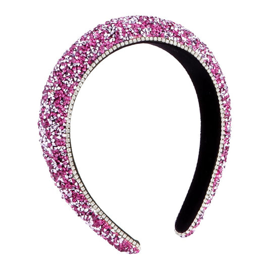 FASOTY Rhinestone Headband Women Fashion Handmade Hot Pink Headband Crystal Diamond Bling Headbands Hair Hoops Padded Headband Glitter Beaded Jeweled Hairband Sparkle Hair Accessories