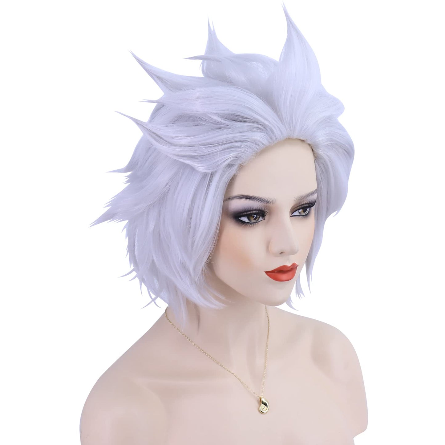 Hulaidywig Short Spiky Layered Anime Halloween Costume Cosplay Wig for Adult Men/Women + Wig Cap with Necklace (Silver)