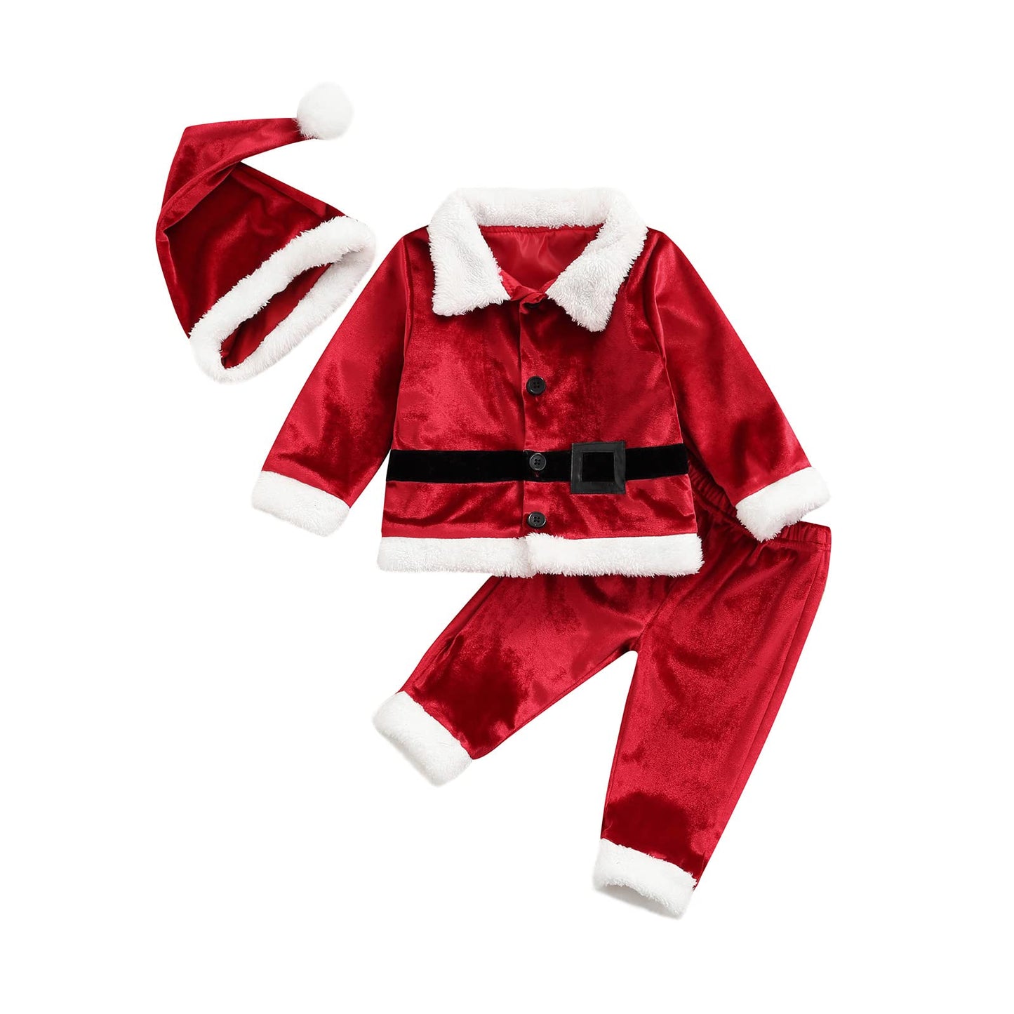 Emmababy Santa Costume Infant Baby Boy Velvet Outfit Toddler Girls Christmas Outfit Button Down Plush Jacket Coat Pants Hat (3PCS pants set, 6-12 Months)