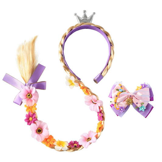 Princess Long Braid Wig Headband and Hair Bow for Women Girls Halloween Costume Dress up Accessories for Rapunzel