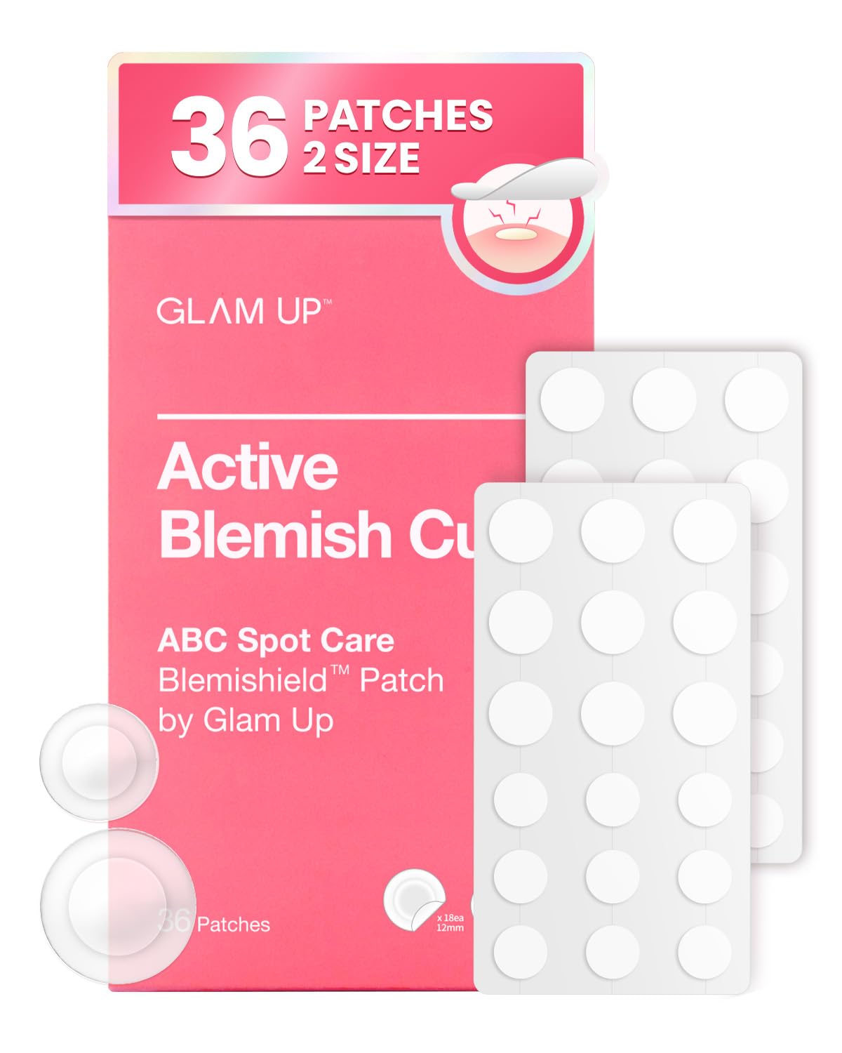 GLAM UP Hydrocolloid Pimple Patches - Invisible Ultra Thin Spot Covers for Face, Waterproof & Vegan (36 Count)