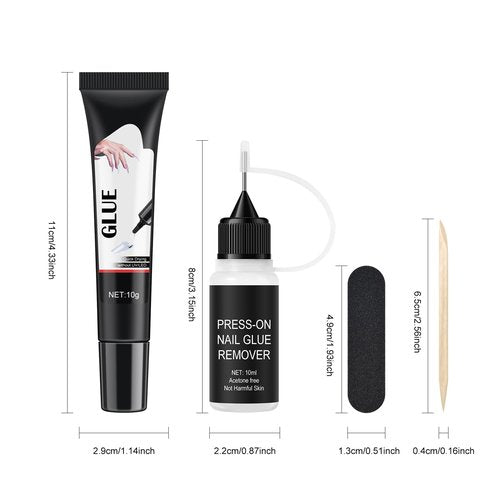 FREEORR Semi-Solid Glue and Remover Kit with Stick for Press ons, No U/V Light Needed Quick Dry Fake Nail Tips Glue and Non-Acetone Remover with Precision Tips (10ml+10g)